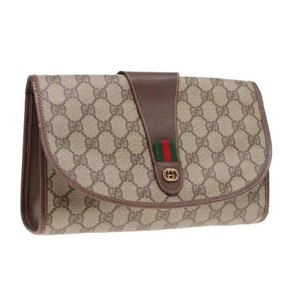 GUCCI GG Supreme Web Sherry Line Clutch Bag PVC Beige 156 01 030 Auth yk15333 - Picture 1 of 16